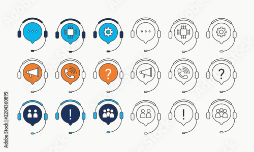Call center headset contact icons for telemarketing client support