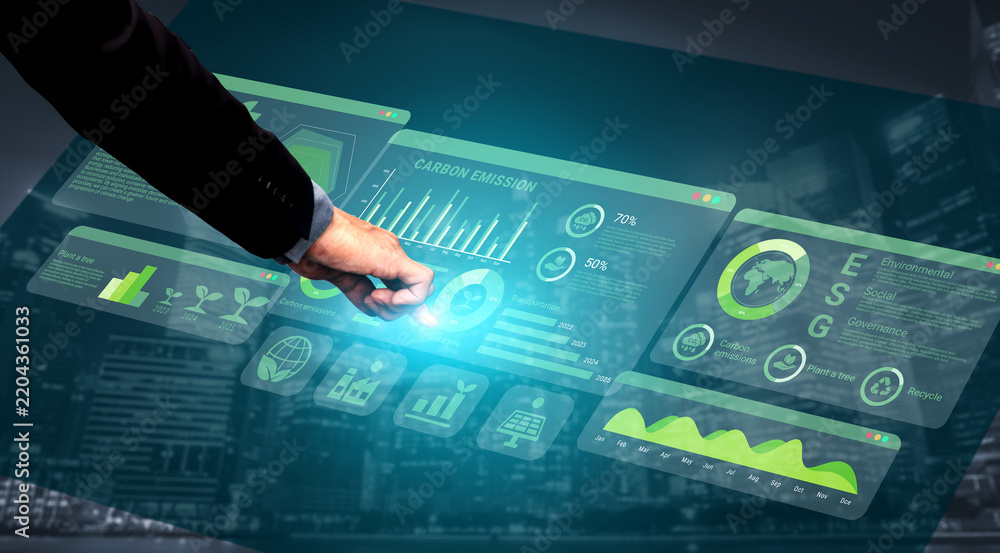 Obraz premium ESG and environmental data dashboard with charts, graphs, and sustainability statistics for eco-friendly strategy Parse