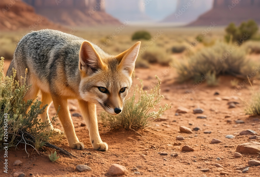 Obraz premium Desert wildlife and biodiversity, kit fox hunting in arid landscape with red rocks and dry vegetation for environmental conservation and nature study