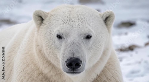 Close-up portrait of a polar bear facing the camera in a snowy Arctic habitat