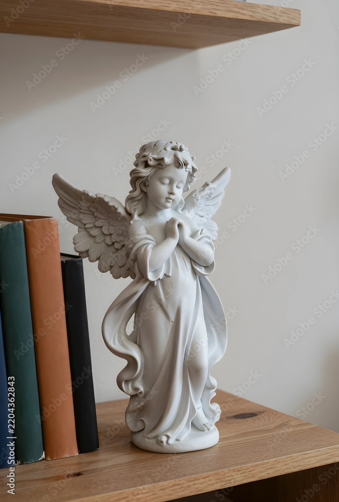 Fototapeta premium Spirituality and peace, small angel statue with praying hands standing on a wooden shelf next to vintage books for home decor and religious inspiration