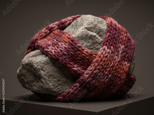 Rough stone wrapped in thick knitted fabric.