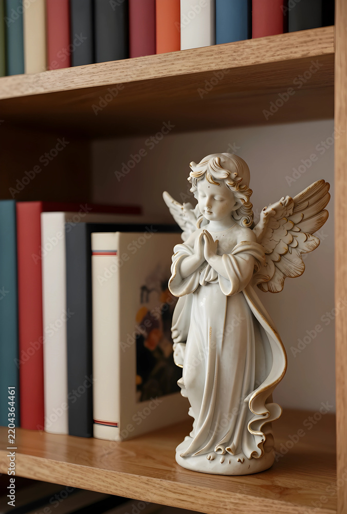 Fototapeta premium Spirituality and faith concept, small angel figurine with praying hands standing on a wooden bookshelf with colorful books in a home library interior
