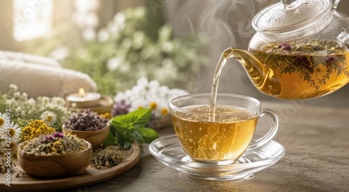 Glass teapot pouring steaming herbal tea into a clear cup amid dried herbs and flowers on a rustic table, warm sunlight and a calming spa-like atmosphere