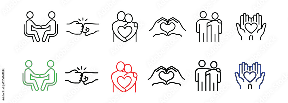 Naklejka premium Friendship, partnership, embracing and togetherness vector thin line icon set representing love, unity, connection, support, care, and relationships.