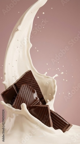 Dark chocolate pieces splashing in milk on a pink background