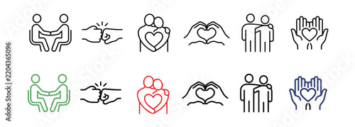 Friendship, partnership, embracing and togetherness vector thin line icon set representing love, unity, connection, support, care, and relationships.