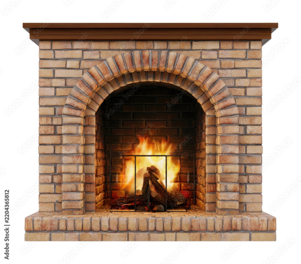 Fototapeta premium PNG Rustic brick fireplace with glowing fire and wooden mantel