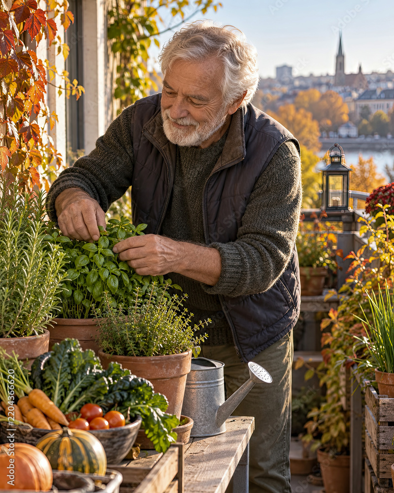 Fototapeta premium Smiling elderly man tending to potted herbs on balcony with city view during autumn, surrounded by fresh vegetables and plants.