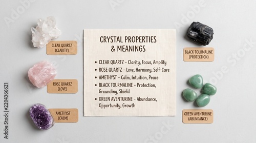Crystal properties and meanings chart with healing stones. Flat lay of clear quartz, rose quartz, amethyst, black tourmaline, and green aventurine on gray background