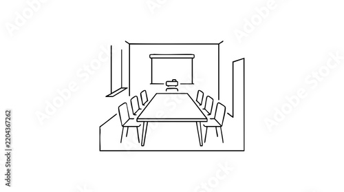Conference room layout with long table and chairs arranged for meeting. Conference room includes modern design, large window for natural light, and minimalistic decor.
