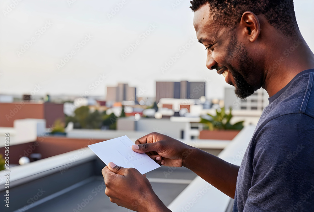 Fototapeta premium Nostalgia and connection, happy man reading a postcard on a rooftop at sunset with urban city skyline background and positive emotions of communication