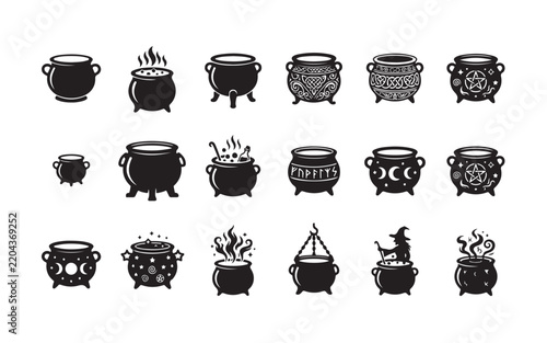 Witch cauldron collection with bubbling potions and mystical symbols for magic recipes.