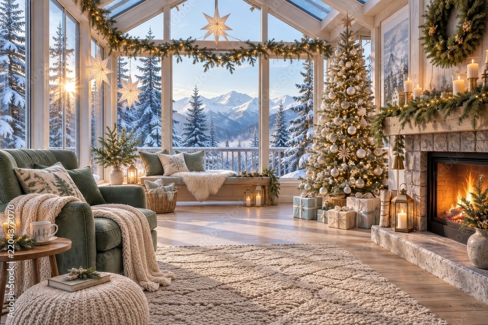 Fototapeta premium Cozy Christmas living room overlooking snowy mountain forest