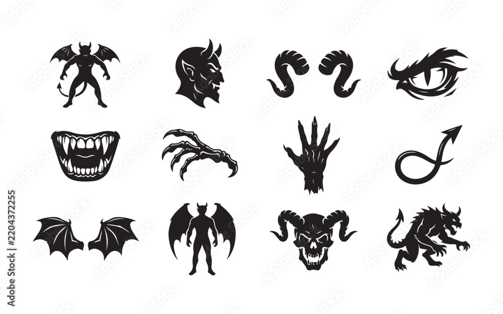 Fototapeta premium Devil silhouettes black demon icons collection for halloween party design and spooky graphic themes.