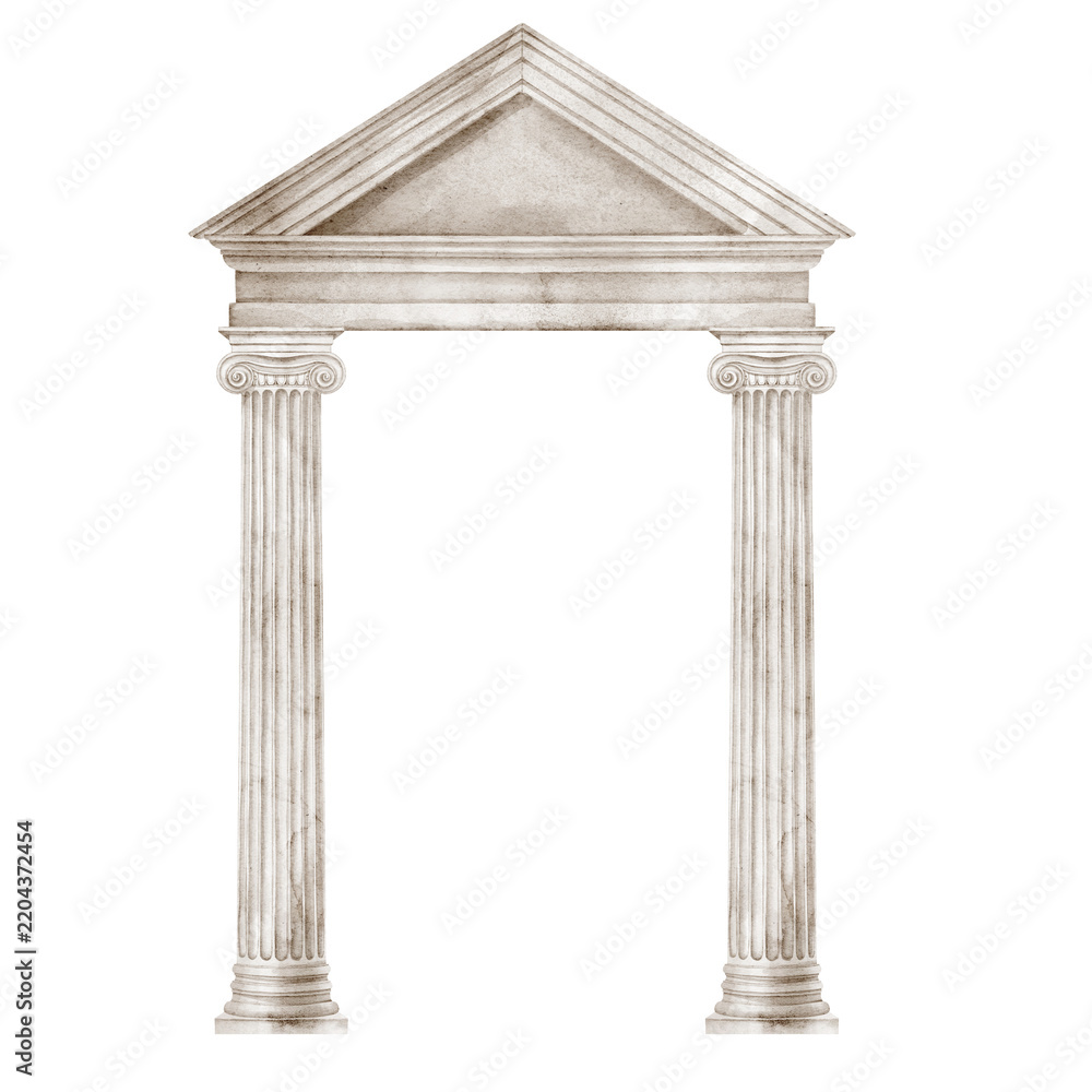 Fototapeta premium Roman portico watercolor illustration with classical ionic columns and triangular pediment isolated on background. Ancient architectural clipart for Mediterranean, historical and decorative designs.