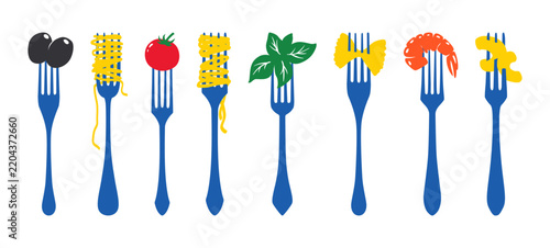 Pasta fork poster with spaghetti, farfalle, tomato and basil set illustration. Hand drawn Italian food graphics for restaurant menu and kitchen art.