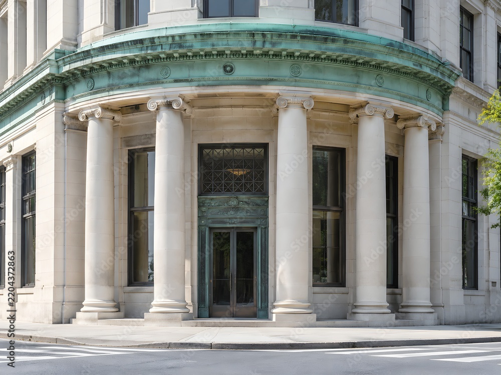 Fototapeta premium Curved corner colonnade of a neoclassical bank building with stone shafts and a green copper cornice