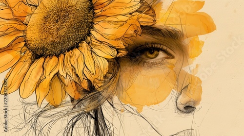 Woman portrait with a large golden sunflower and layered textures for expressive botanical editorial design.