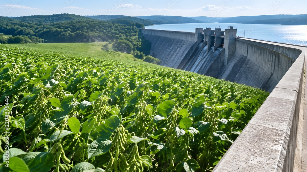 Obraz premium Dense green soybean plants filling a field beside the concrete spillway of a large dam