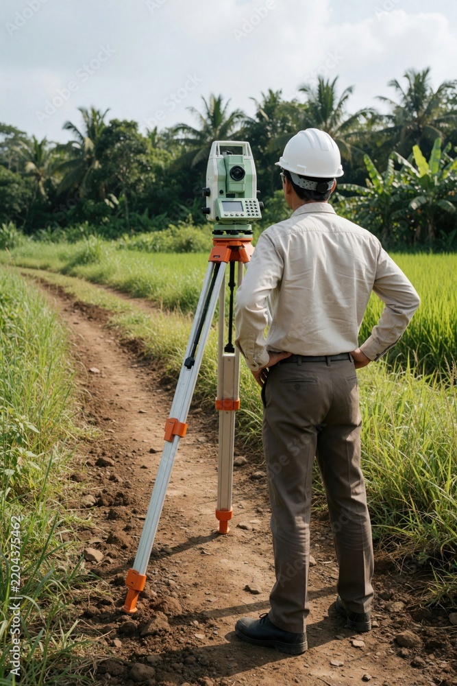 Obraz premium Civil engineer uses total station instrument on a tripod outdoors. Man surveys land plot along dirt path near lush green fields and tropical trees.
