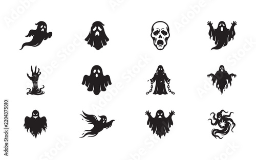 Black scary ghost phantom and spooky ghoul silhouettes for halloween horror parties and games.