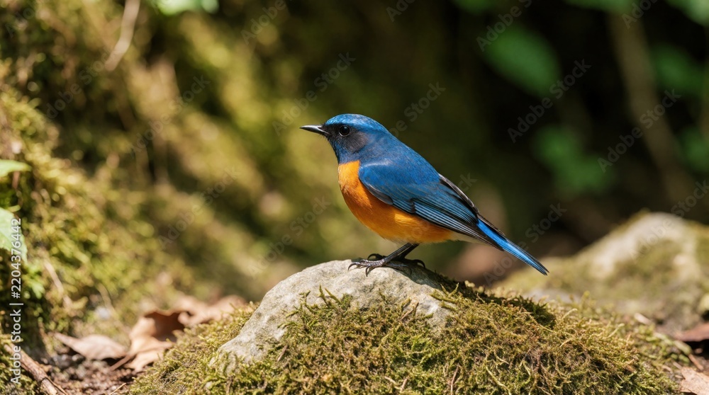 Fototapeta premium Small blue, orange bird sits on mossy rock in forest. Vibrant avian creature perches on stone among green plants. Wild bird rests in natural habitat with soft bokeh background. Beautiful wildlife