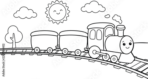 Cute Cartoon Train on Railway Track Coloring Page