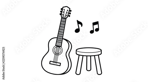 Guitar and Stool Music Line Art Illustration