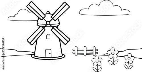 Windmill in Open Meadow Coloring Page