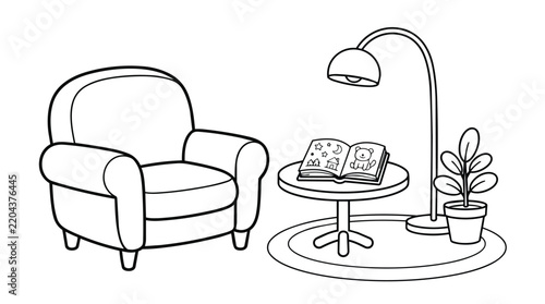 Cozy Living Room Coloring Page with Armchair and Floor Lamp