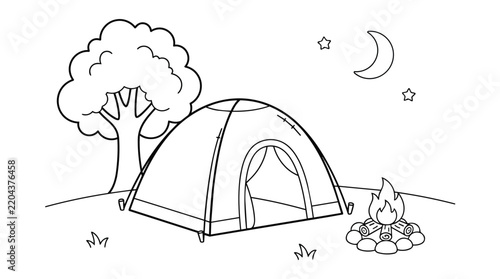 Camping Tent Coloring Page with Campfire Under Moonlight
