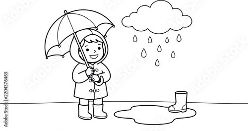 Cute Child with Umbrella in Rain Coloring Page