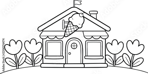 Ice Cream Shop Coloring Page with Cute Cartoon Design