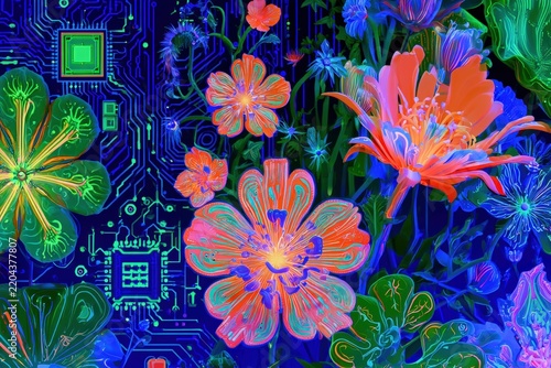 Colorful flowers blooming over electronic circuit board background