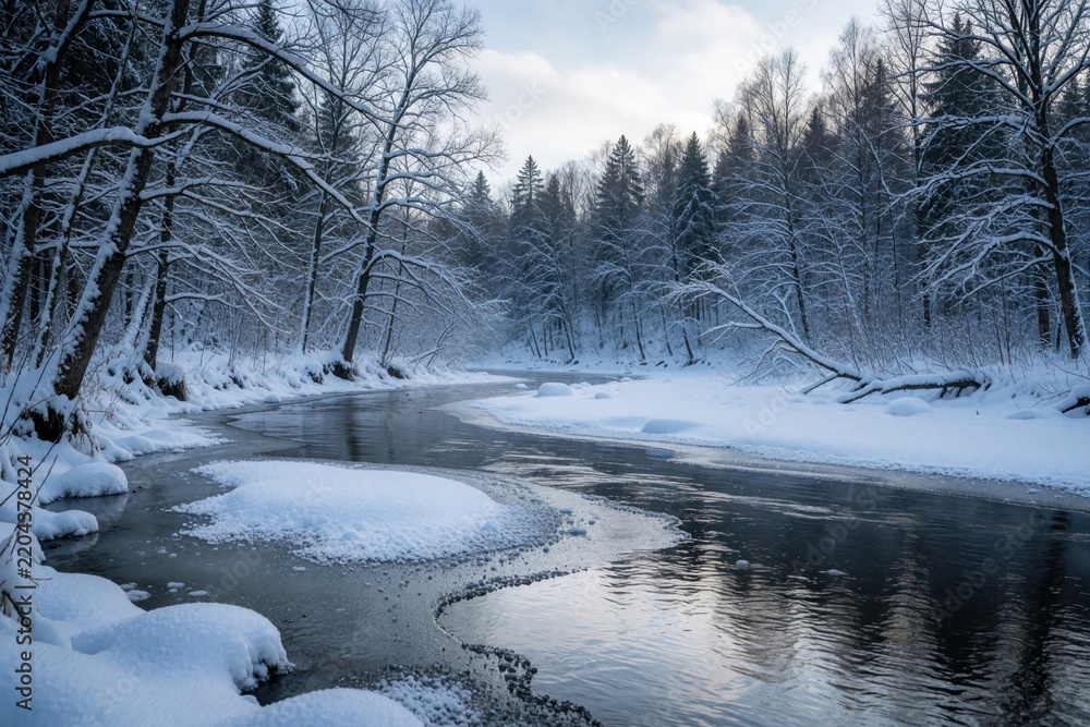 Fototapeta premium Winter landscape with frozen river winding through snowy forest. Ice patches, white snow cover banks, tree branches. Cold calm nature scene shows blue sky over woodland during frosty season in