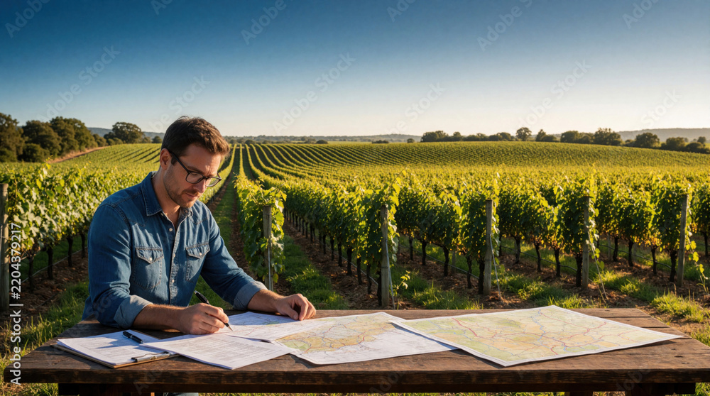 Obraz premium Male winemaker sits at wooden table in vineyard during harvest. Man uses pen for farm planning with map, documents. Pro grower manages grape crop, agricultural estate in rural landscape under sunny