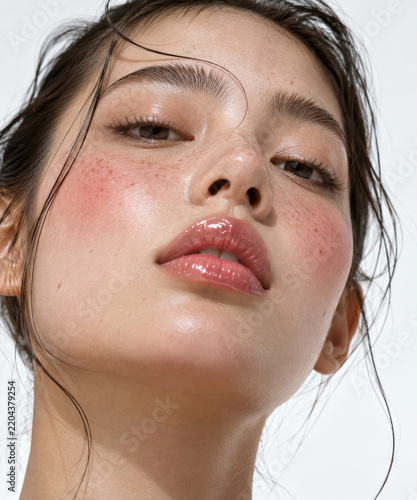Realistic skin texture with visible pores, fine facial hairs, subtle imperfections and natural highlights, healthy hydrated glow without excessive retouching. Clean white studio background with genero