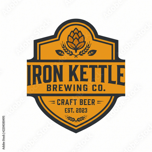 Vintage craft beer logo design with hop illustration and iron kettle text in shield shape