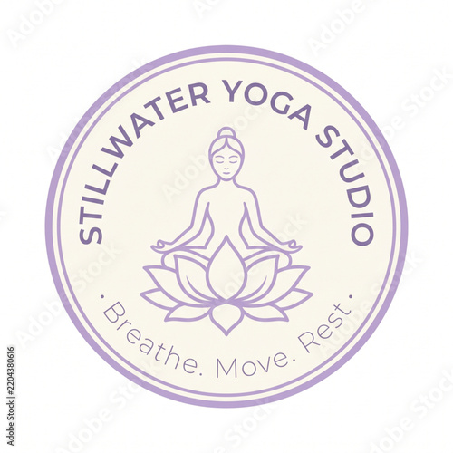Minimalist round yoga studio logo with a meditating person sitting on a lotus flower in purple and beige