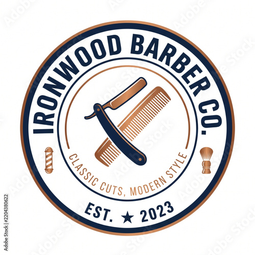 Vintage barber shop circular logo with straight razor and comb vector illustration