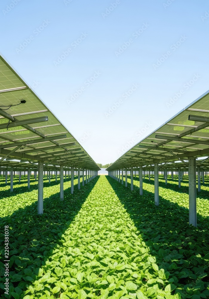 Naklejka premium High tech solar panels provide shade over rows of lush green crops in an innovative agrivoltaic farm design for sustainable food production, plantation, sunlight, environment