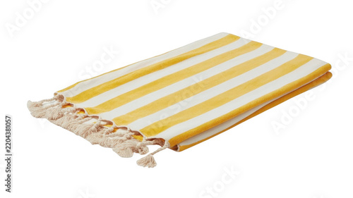 Yellow striped beach towel png white yellow towel png folded summer towel png fringed beach textile png transparent background image