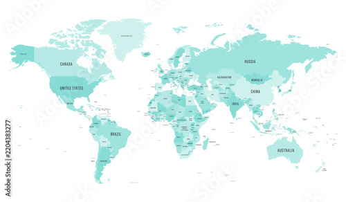 Map of World. Administrative political map with country borders in high detail. Corporate blue scheme on white background. With labels of country names.