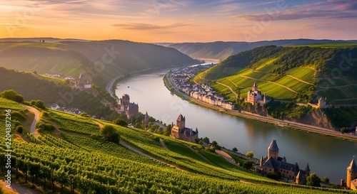 Vineyards and medieval castles along the Moselle River valley at sunset