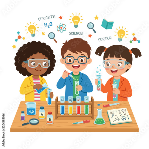 Diverse group of children conducting science experiments in a classroom with laboratory equipment