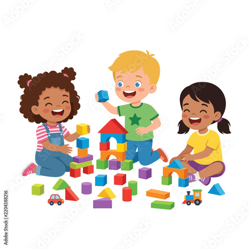 Diverse group of happy children playing with colorful building blocks on a white background