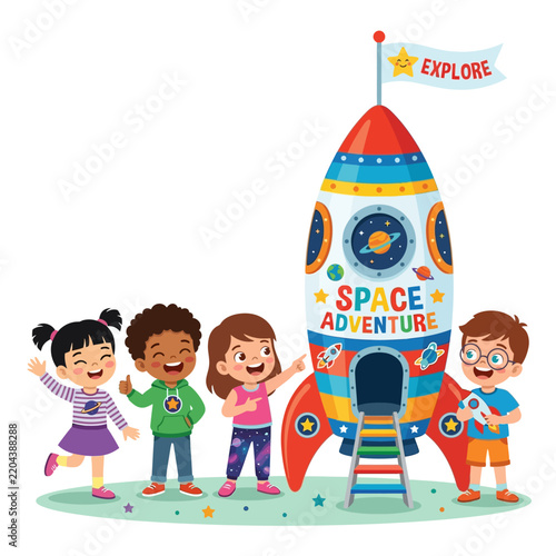 Diverse group of happy children standing next to a colorful cartoon space rocket with explore sign