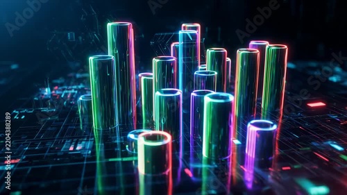 Abstract city skyline with neon glowing cylinders in a digital grid during night