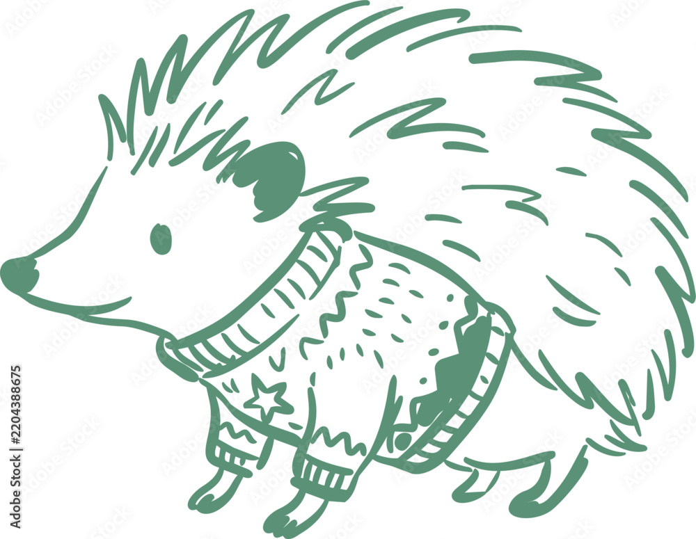 Fototapeta premium Hedgehog wearing patterned sweater in naive illustration style